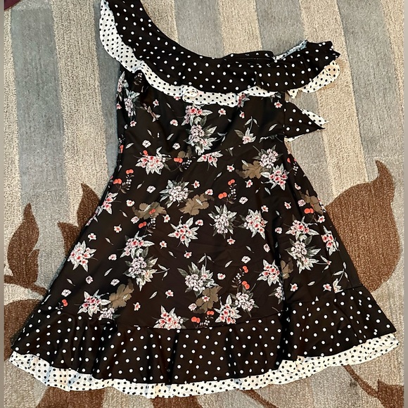 Anthropologie | LEA & Viola Whimsical Polka Dot & Floral One Shoulder Mini Dress - Picture 7 of 8